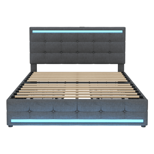 Cama estofada 140x200 cm - Cama com LED, 4 gavetas e 2 portas USB, estrutura com cabeceira e pés LED, plataforma com arrumação - Cinza