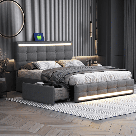 Cama estofada 140x200 cm - Cama com LED, 4 gavetas e 2 portas USB, estrutura com cabeceira e pés LED, plataforma com arrumação - Cinza