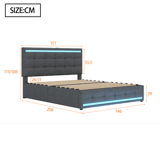 Cama estofada 140x200 cm - Cama com LED, 4 gavetas e 2 portas USB, estrutura com cabeceira e pés LED, plataforma com arrumação - Cinza