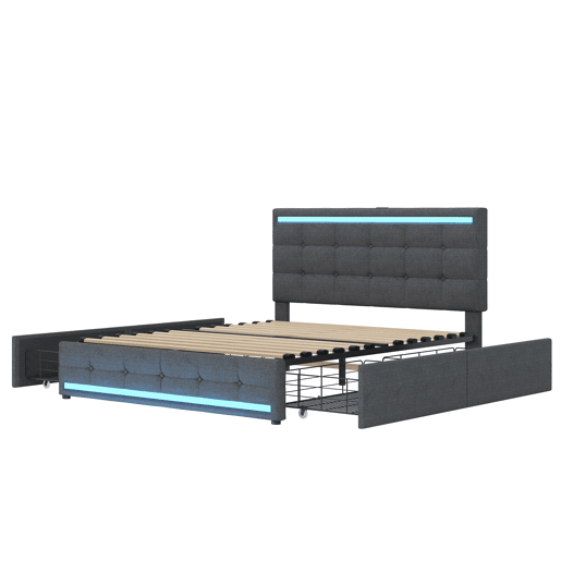 Cama estofada 140x200 cm - Cama com LED, 4 gavetas e 2 portas USB, estrutura com cabeceira e pés LED, plataforma com arrumação - Cinza