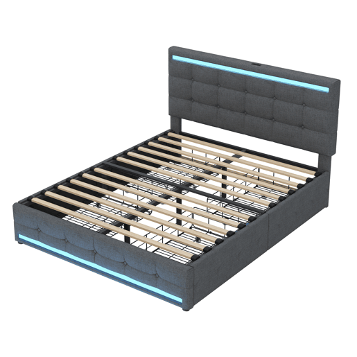 Cama estofada 140x200 cm - Cama com LED, 4 gavetas e 2 portas USB, estrutura com cabeceira e pés LED, plataforma com arrumação - Cinza