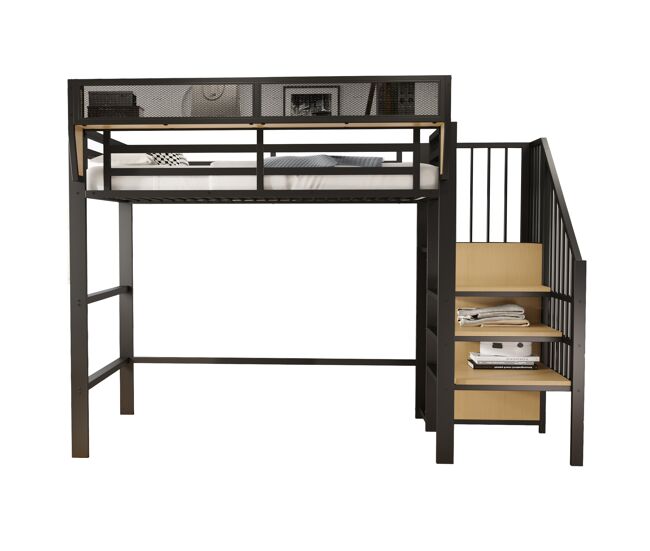Cama alta 90x200 - con escalera de seguridad y espacio de almacenamiento flexible - negro