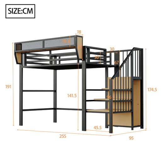 Cama alta 90x200 - Com escada de segurança e espaço de arrumação flexível - Preto Cama alta 90x200 - Com escada de segurança e espaço de arrumação flexível - Preto