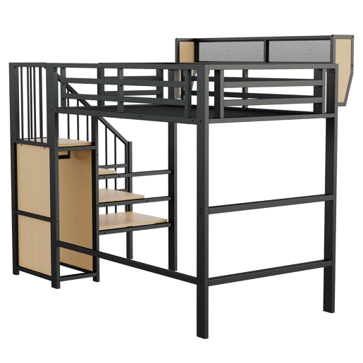 Cama alta 90x200 - Com escada de segurança e espaço de arrumação flexível - Preto Cama alta 90x200 - Com escada de segurança e espaço de arrumação flexível - Preto