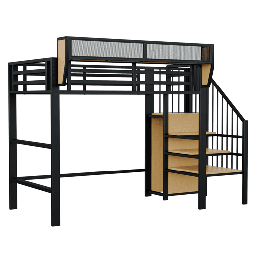 Cama alta 90x200 - Com escada de segurança e espaço de arrumação flexível - Preto Cama alta 90x200 - Com escada de segurança e espaço de arrumação flexível - Preto
