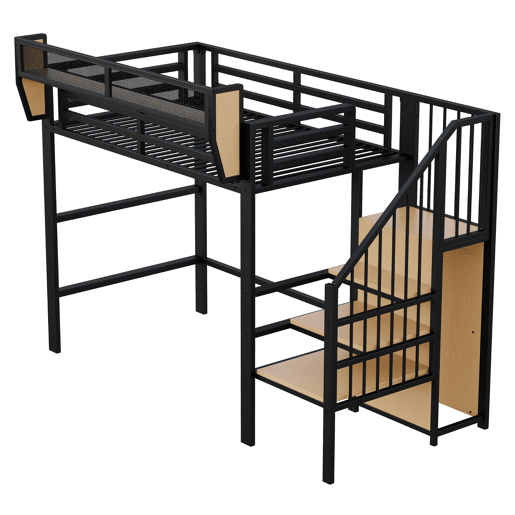 Cama alta 90x200 - Com escada de segurança e espaço de arrumação flexível - Preto Cama alta 90x200 - Com escada de segurança e espaço de arrumação flexível - Preto