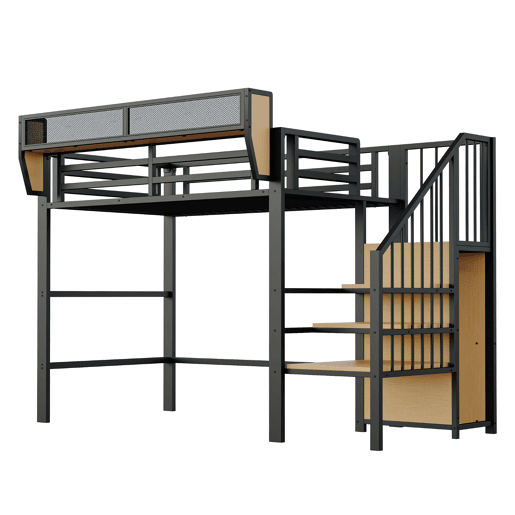 Cama alta 90x200 - Com escada de segurança e espaço de arrumação flexível - Preto Cama alta 90x200 - Com escada de segurança e espaço de arrumação flexível - Preto