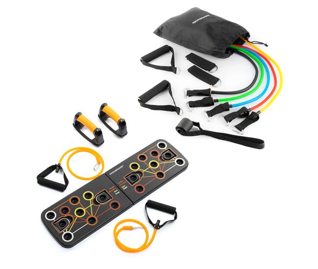 Pack tabla de flexiones push-up y set de bandas de resistencia con accesorios y guía de ejercicios innovagoods