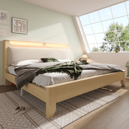 Cama de casal 160x200 cm - Cabeceira com arrumação, iluminação LED, encosto em tecido de veludo cotelê bege - Madeira de carvalho claro