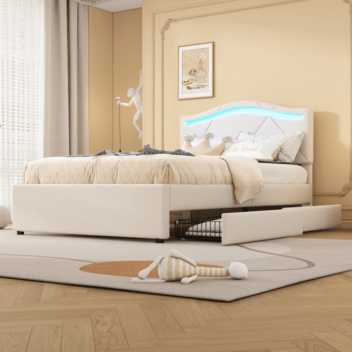 Cama estofada 90x200cm - com estrado, iluminação regulável, 2 gavetas, cabeceira ajustável, linho, minimalista - Bege