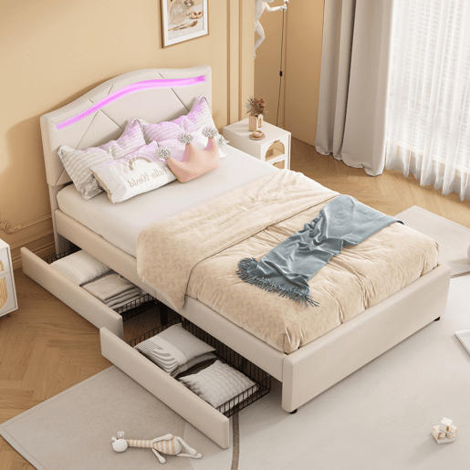 Cama estofada 90x200cm - com estrado, iluminação regulável, 2 gavetas, cabeceira ajustável, linho, minimalista - Bege