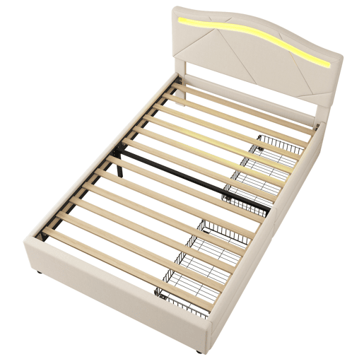 Cama estofada 90x200cm - com estrado, iluminação regulável, 2 gavetas, cabeceira ajustável, linho, minimalista - Bege