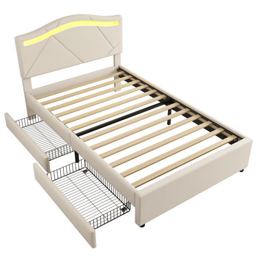 Cama estofada 90x200cm - com estrado, iluminação regulável, 2 gavetas, cabeceira ajustável, linho, minimalista - Bege