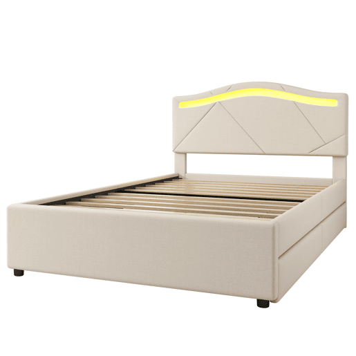Cama estofada 90x200cm - com estrado, iluminação regulável, 2 gavetas, cabeceira ajustável, linho, minimalista - Bege