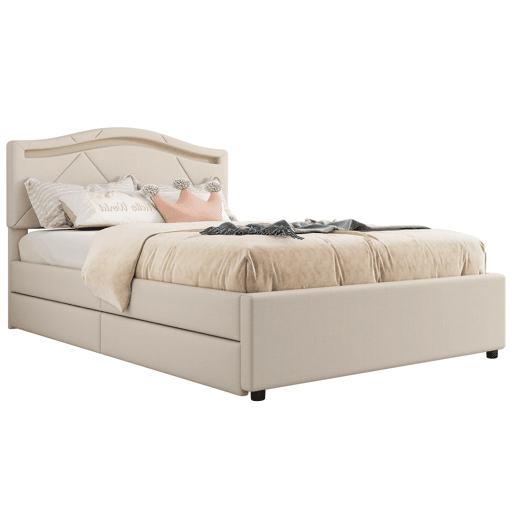 Cama estofada 90x200cm - com estrado, iluminação regulável, 2 gavetas, cabeceira ajustável, linho, minimalista - Bege
