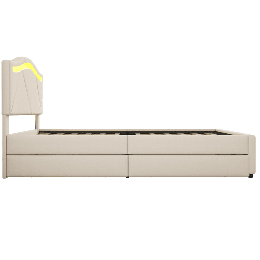 Cama estofada 90x200cm - com estrado, iluminação regulável, 2 gavetas, cabeceira ajustável, linho, minimalista - Bege