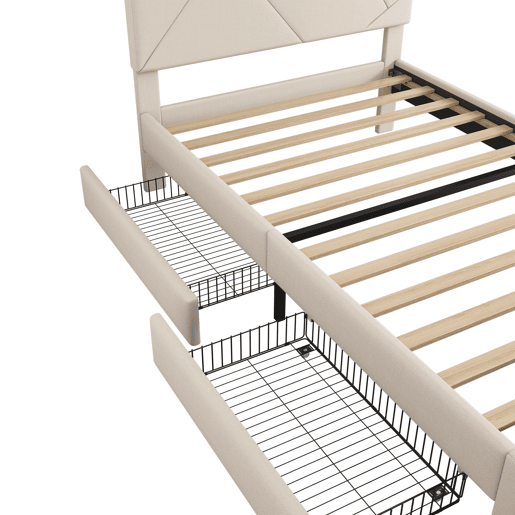 Cama estofada 90x200cm - com estrado, iluminação regulável, 2 gavetas, cabeceira ajustável, linho, minimalista - Bege