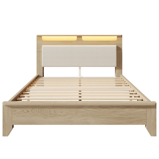 Cama de casal 140x200 cm - Cabeceira com arrumação, iluminação LED, encosto em tecido veludo bege - Carvalho claro