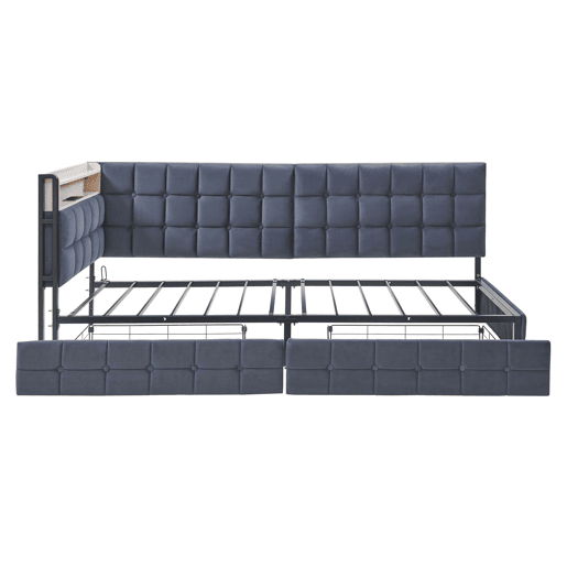 Sofá-cama 90x200 - com 2 gavetas, lâmpada LED, portas USB e Tipo-C, multifuncional para crianças - Cinza