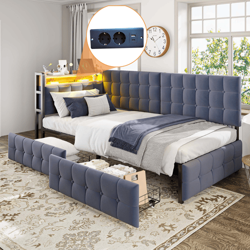 Sofá-cama 90x200 - com 2 gavetas, lâmpada LED, portas USB e Tipo-C, multifuncional para crianças - Cinza