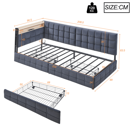 Sofá-cama 90x200 - com 2 gavetas, lâmpada LED, portas USB e Tipo-C, multifuncional para crianças - Cinza