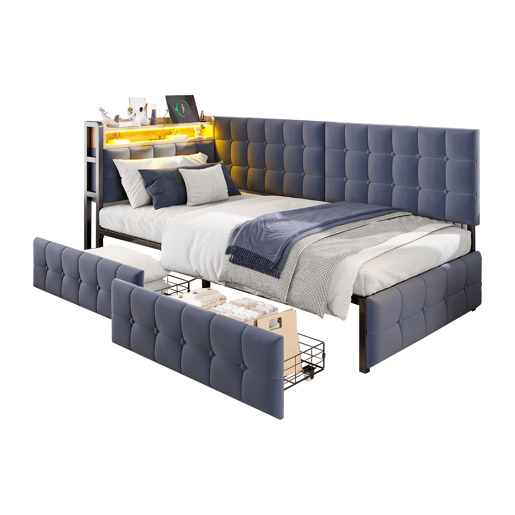 Sofá-cama 90x200 - com 2 gavetas, lâmpada LED, portas USB e Tipo-C, multifuncional para crianças - Cinza