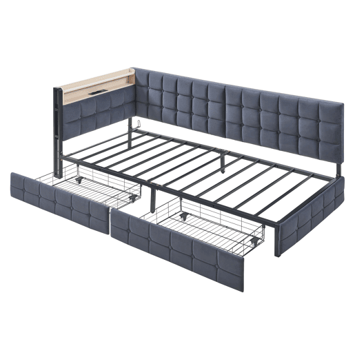 Sofá-cama 90x200 - com 2 gavetas, lâmpada LED, portas USB e Tipo-C, multifuncional para crianças - Cinza