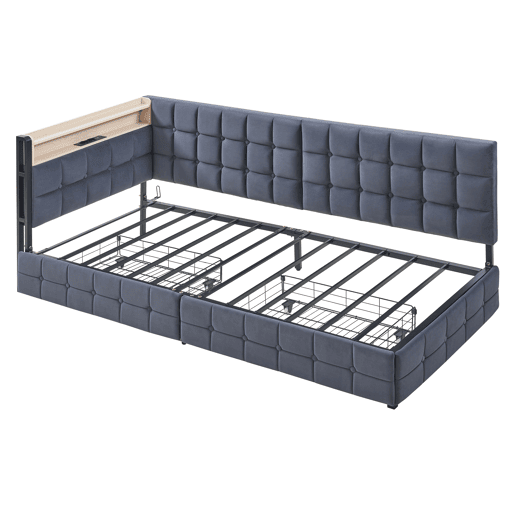 Sofá-cama 90x200 - com 2 gavetas, lâmpada LED, portas USB e Tipo-C, multifuncional para crianças - Cinza