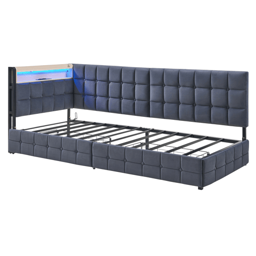 Sofá-cama 90x200 - com 2 gavetas, lâmpada LED, portas USB e Tipo-C, multifuncional para crianças - Cinza