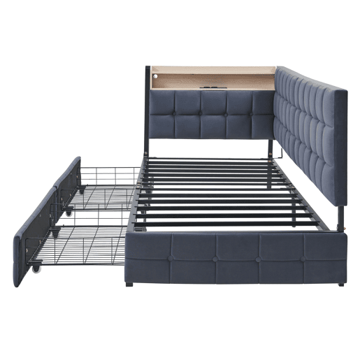 Sofá-cama 90x200 - com 2 gavetas, lâmpada LED, portas USB e Tipo-C, multifuncional para crianças - Cinza