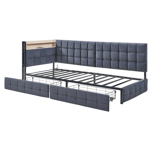 Sofá-cama 90x200 - com 2 gavetas, lâmpada LED, portas USB e Tipo-C, multifuncional para crianças - Cinza