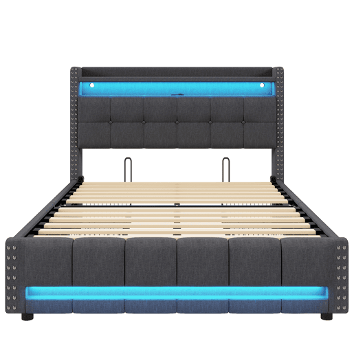 Cama estofada 160*200 - Com iluminação LED, porta USB, cabeceira com prateleiras e arrumação, 4 gavetas - Cinza