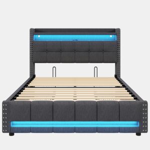Cama estofada 160*200 - Com iluminação LED, porta USB, cabeceira com prateleiras e arrumação, 4 gavetas - Cinza
