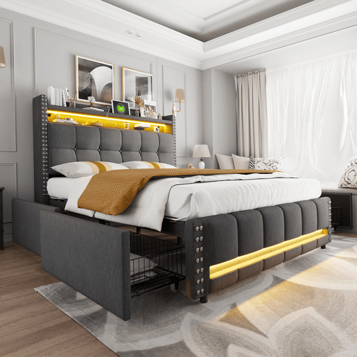 Cama estofada 160*200 - Com iluminação LED, porta USB, cabeceira com prateleiras e arrumação, 4 gavetas - Cinza
