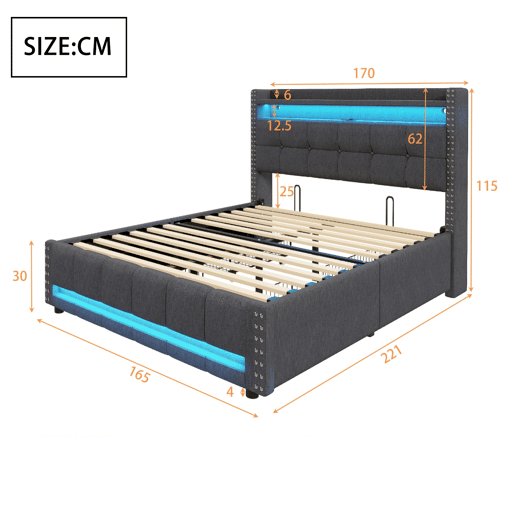 Cama estofada 160*200 - Com iluminação LED, porta USB, cabeceira com prateleiras e arrumação, 4 gavetas - Cinza