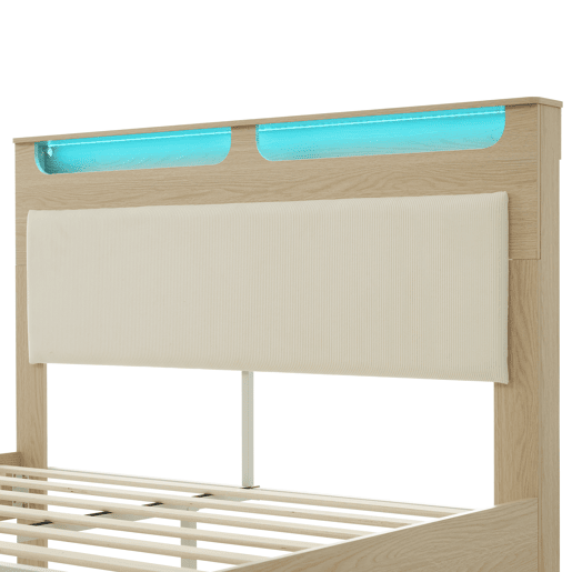 Cama de casal 180x200 cm - Cabeceira com arrumação, iluminação LED, encosto em veludo bege - Carvalho claro