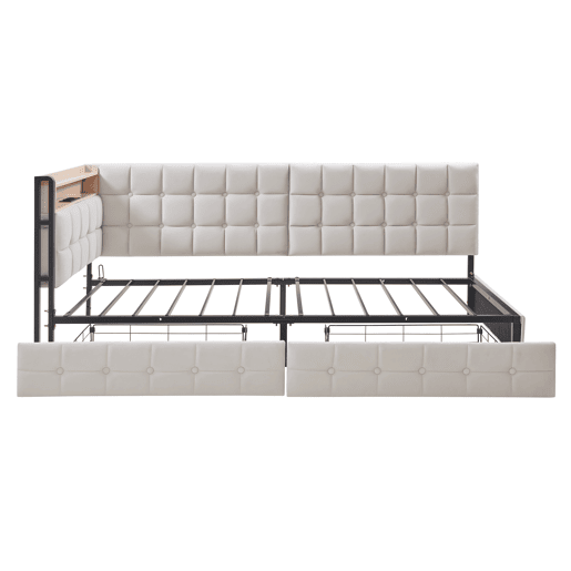 Sofá-cama infantil 90x200 - 2 gavetas, luz LED noturna, portas USB e Tipo C - Bege