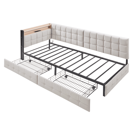 Sofá-cama infantil 90x200 - 2 gavetas, luz LED noturna, portas USB e Tipo C - Bege