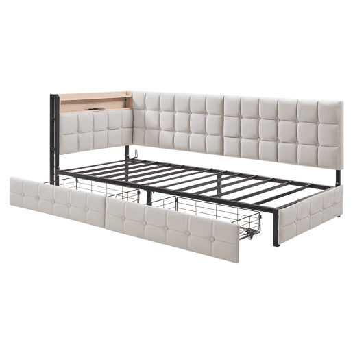 Sofá-cama infantil 90x200 - 2 gavetas, luz LED noturna, portas USB e Tipo C - Bege