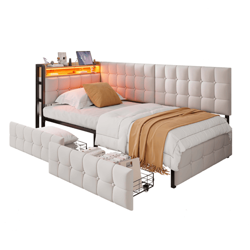 Sofá-cama infantil 90x200 - 2 gavetas, luz LED noturna, portas USB e Tipo C - Bege