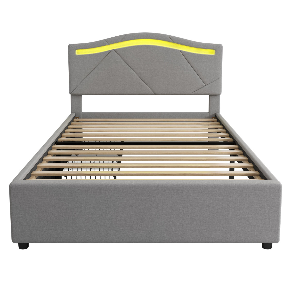 Cama tapizada 90x200cm - con somier (sin colchón), iluminación ambiental controlada por remoto, con dos cajones, respaldo ajustable, leinen,