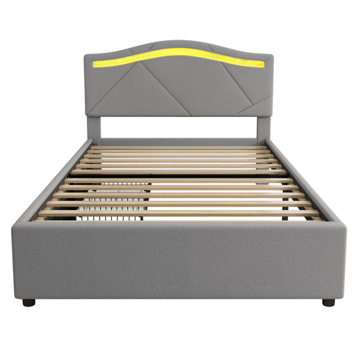 Cama estofada 90x200cm - Com estrado (sem colchão), Iluminação ambiente controlada por controlo remoto, Com duas gavetas, Encosto ajustável, Leinen, Minimalista - Cinza