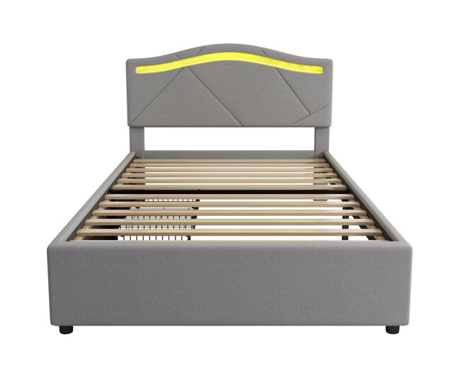 Cama tapizada 90x200cm - con somier (sin colchón), iluminación ambiental controlada por remoto, con dos cajones, respaldo ajustable, leinen,