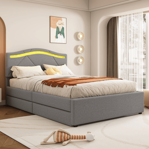 Cama estofada 90x200cm - Com estrado (sem colchão), Iluminação ambiente controlada por controlo remoto, Com duas gavetas, Encosto ajustável, Leinen, Minimalista - Cinza