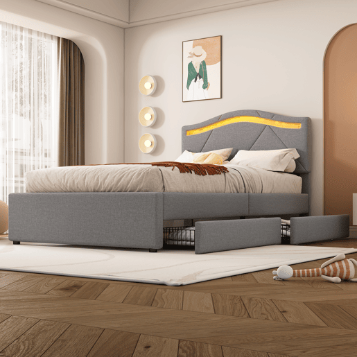 Cama estofada 90x200cm - Com estrado (sem colchão), Iluminação ambiente controlada por controlo remoto, Com duas gavetas, Encosto ajustável, Leinen, Minimalista - Cinza
