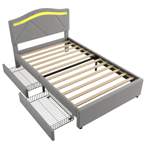 Cama estofada 90x200cm - Com estrado (sem colchão), Iluminação ambiente controlada por controlo remoto, Com duas gavetas, Encosto ajustável, Leinen, Minimalista - Cinza