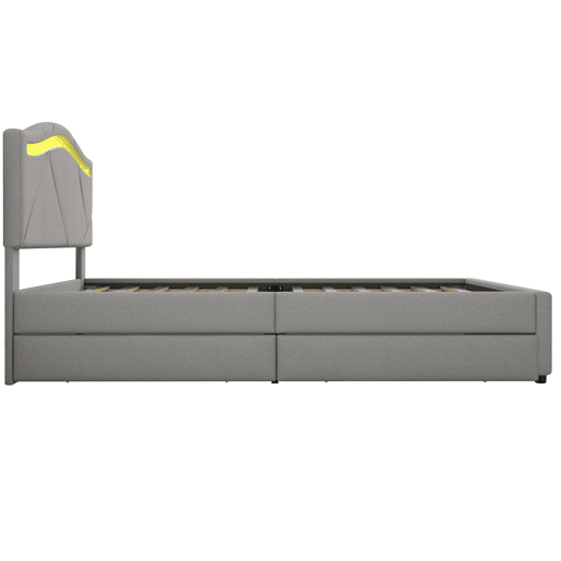 Cama estofada 90x200cm - Com estrado (sem colchão), Iluminação ambiente controlada por controlo remoto, Com duas gavetas, Encosto ajustável, Leinen, Minimalista - Cinza
