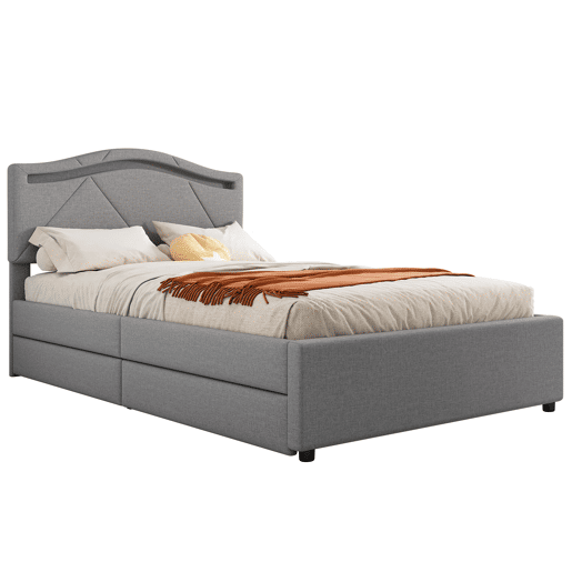 Cama estofada 90x200cm - Com estrado (sem colchão), Iluminação ambiente controlada por controlo remoto, Com duas gavetas, Encosto ajustável, Leinen, Minimalista - Cinza