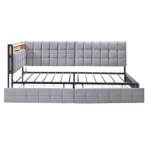Sofá-cama 90x200 cm - Com 2 gavetas, candeeiro de cabeceira LED, portas USB e Tipo-C - Cinza claro