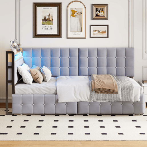 Sofá-cama 90x200 cm - Com 2 gavetas, candeeiro de cabeceira LED, portas USB e Tipo-C - Cinza claro
